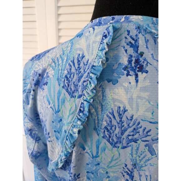 X by GOTTEX Top Womens L Blue White Ruffle Mesh Beach Long Slv Crew Shirt UPF50 - Picture 8 of 10